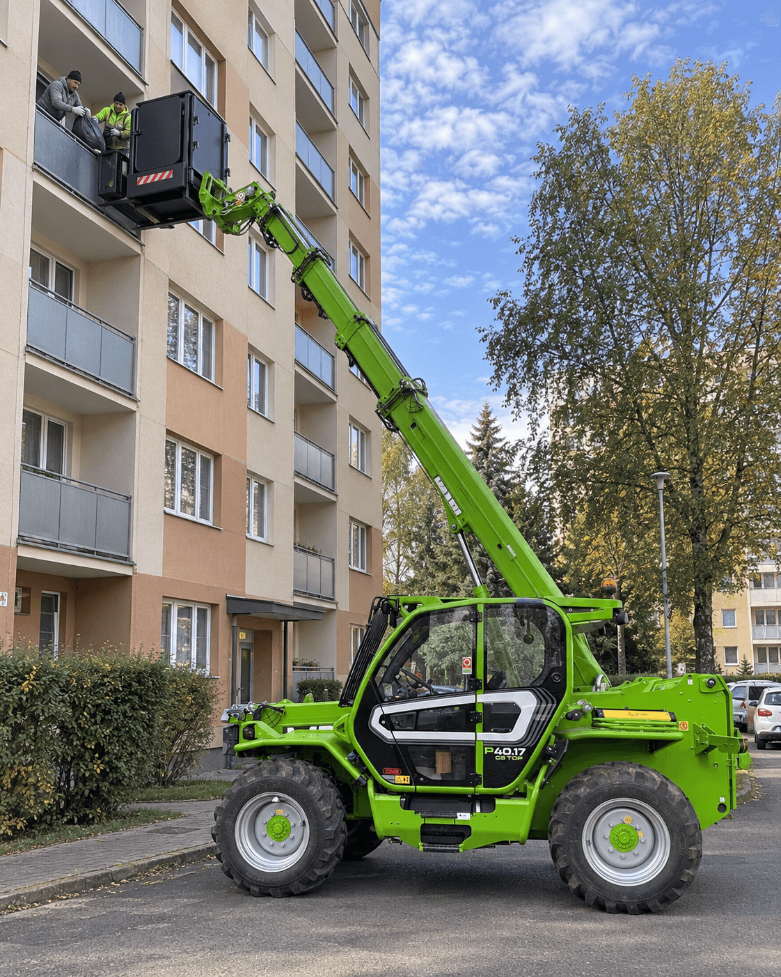 Merlo P40.17 vyváží uzavřený přepravník s materiálem na balkon panelového domu