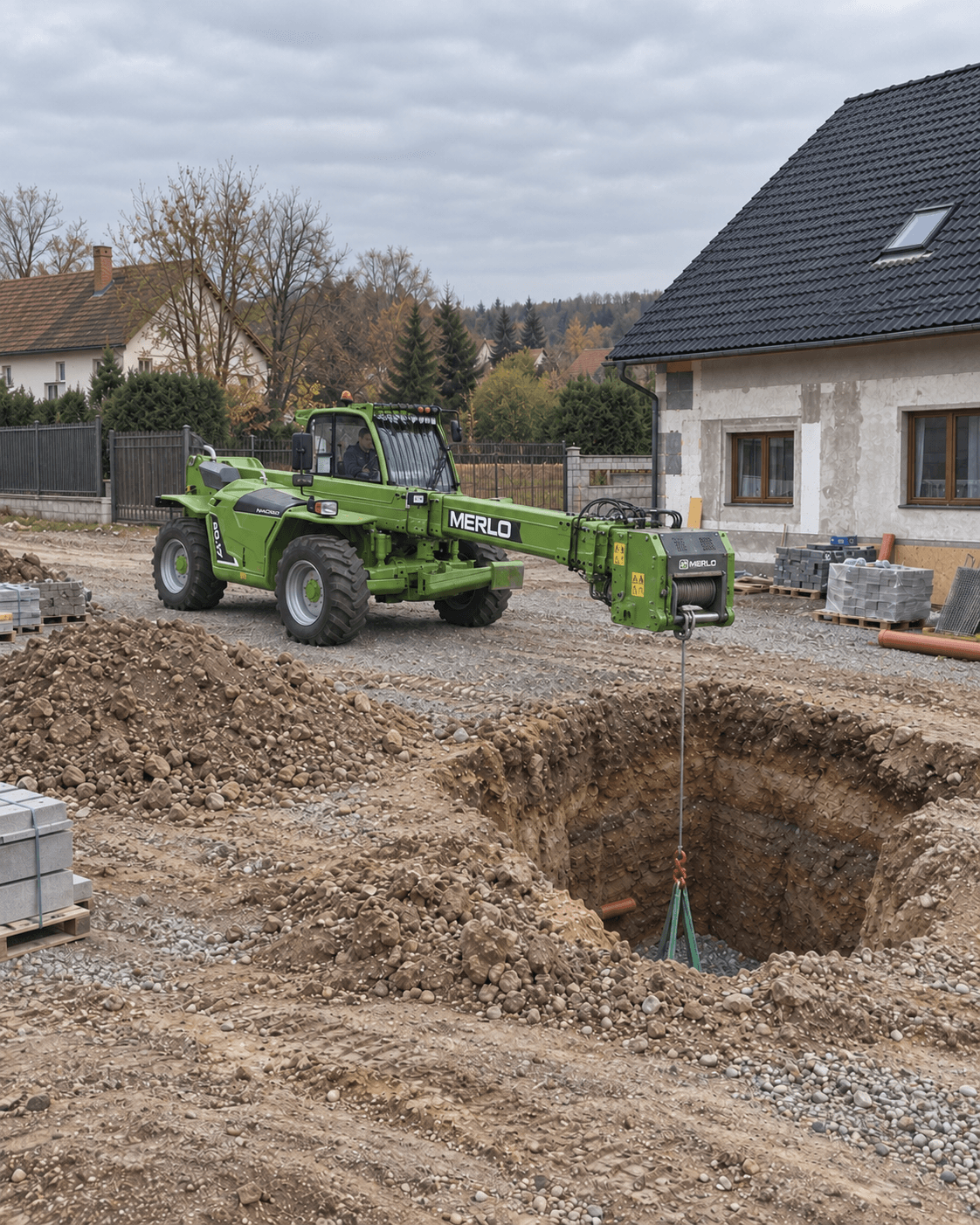 Merlo P40.17 spouští navijákem břemeno do hlubokého výkopu u rodinného domu