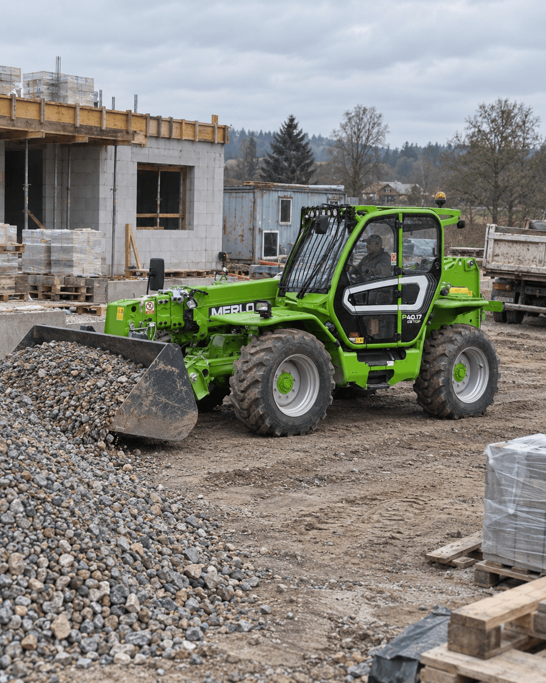 Merlo P40.17 nakládá lopatou štěrk na staveništi