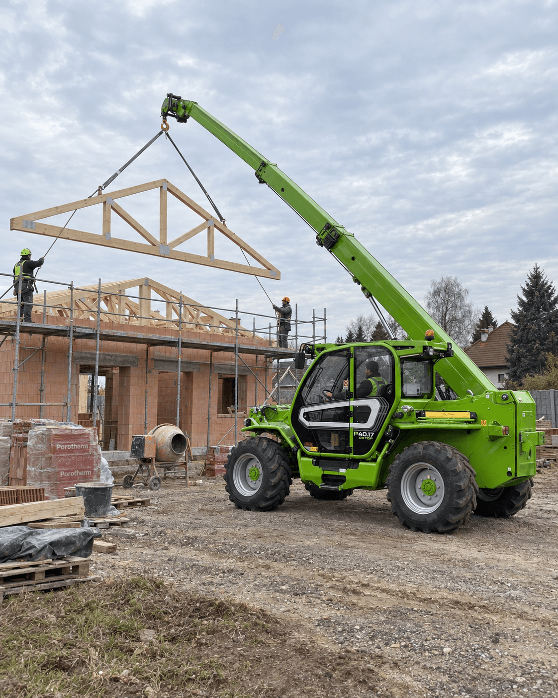 Merlo P40.17 se zvedacím hákem zavěšuje dřevěný krov na stavbě domu